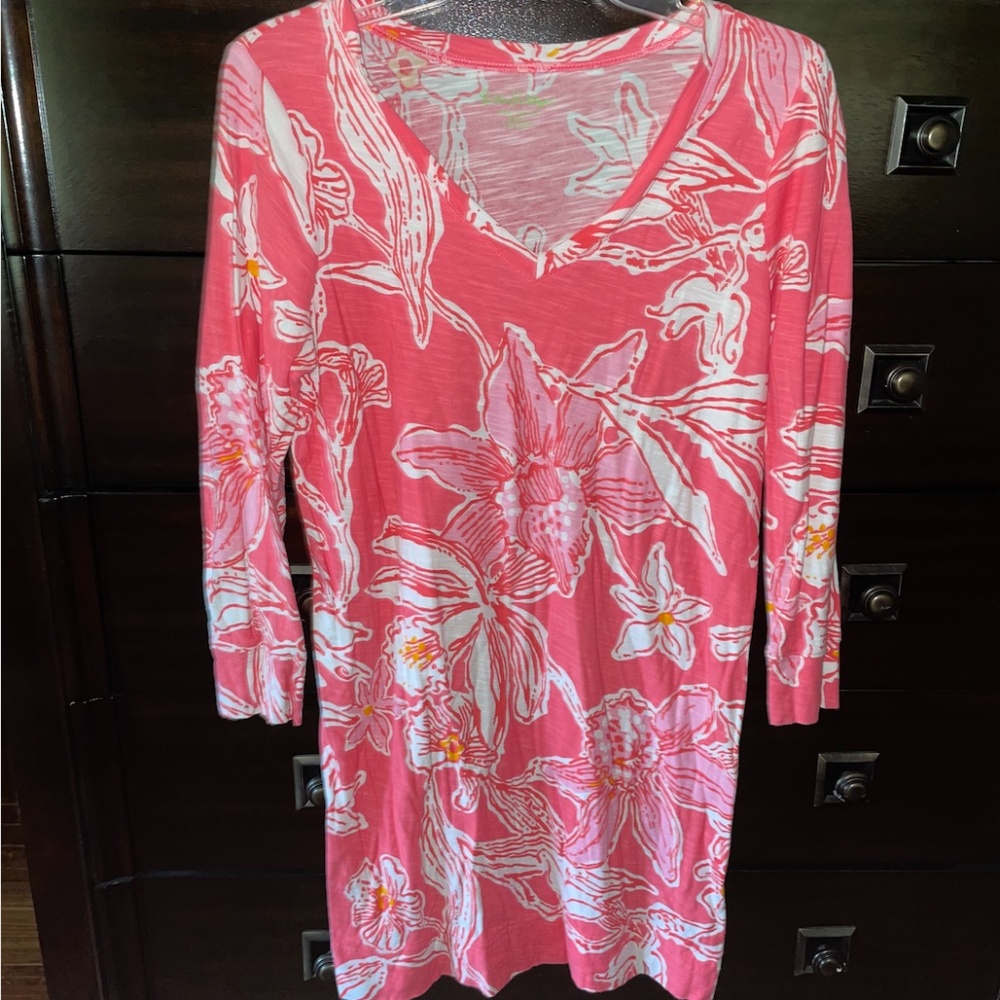 Lilly Pulitzer Pink Floral V-Neck Cotton Shift SzS